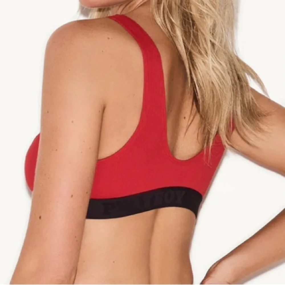 🅽🅴🆆 𝐏𝐋𝐀𝐘𝐁𝐎𝐘 Essentials Rib Scoop Neck Bra, red bralette, size Small